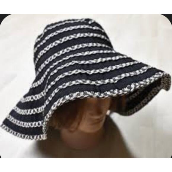 H&M Braided Straw Floppy Brim Sun Hat Size Medium Black Beige - Picture 8 of 8